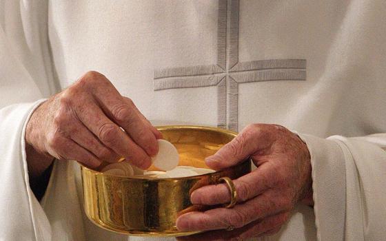 A priest prepares to distribute Communion during Mass in Washington. (CNS/Bob Roller)