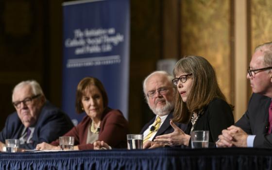 From left: Robert Bennett, Karen Tumulty, John Carr, Dawn Eden Goldstein and Kevin Byrnes (Georgetown University/Rafael Suanes)