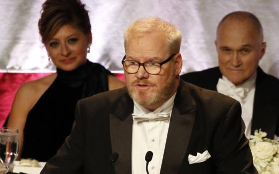 Comedian Jim Gaffigan serves as the master of ceremonies during the New York Archdiocese's 2018 Al Smith Memorial Foundation Dinner. (CNS/Gregory A. Shemitz)