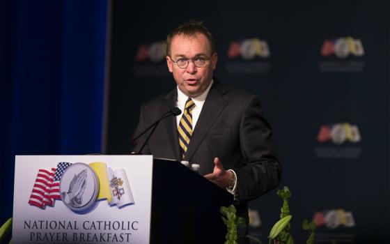 Mick Mulvaney, former Trump White House chief of staff, speaks April 23, 2019, during the National Catholic Prayer Breakfast in Washington. Last week, Mulvaney did a "virtual town hall" with supporters of CatholicVote.org. (CNS/Tyler Orsburn)