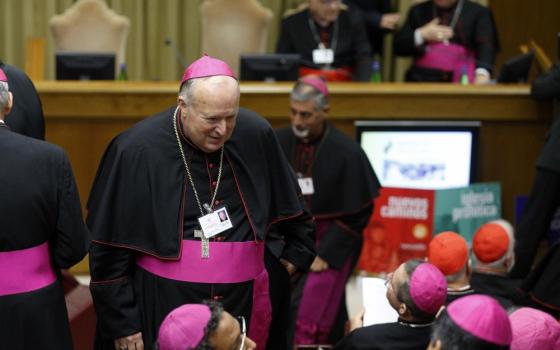 Bishop Robert McElroy of San Diego arrives for the first session of the Synod of Bishops for the Amazon at the Vatican Oct. 7. (CNS/Paul Haring)