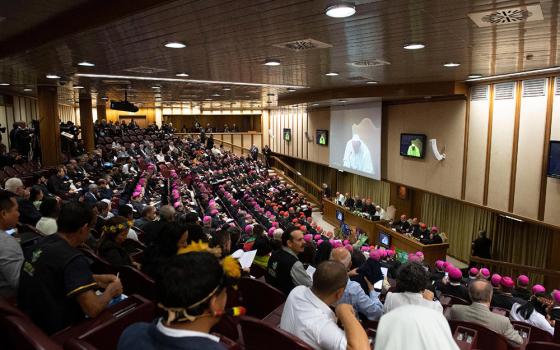 Pope Francis attends the first session of the Synod of Bishops for the Amazon Oct. 7, 2019, at the Vatican. (CNS/Vatican Media) 