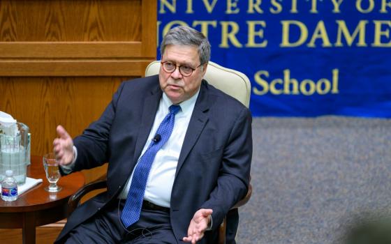 U.S. Attorney General William Barr speaks in the McCartan Courtroom Oct. 11 at the University of Notre Dame's Law School in Indiana. (CNS/University of Notre Dame/Matt Cashore)