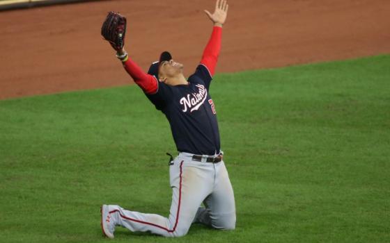 Washington Nationals left fielder Juan Soto celebrates after the team defeated the Houston Astros 6-2 in Game 7 of the 2019 World Series at Minute Maid Park in Houston. (CNS/USA TODAY Sports via Reuters/Thomas B. Shea)