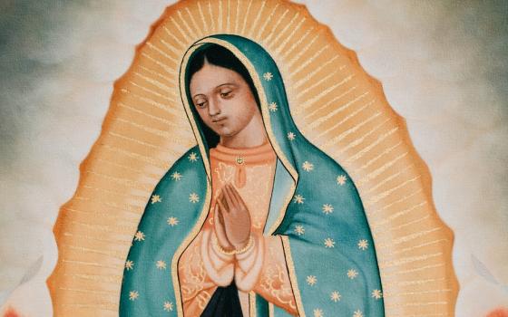 A painting by artist Lalo Garcia is seen in November 2019 an exhibit honoring Our Lady of Guadalupe and St. Juan Diego at the Cathedral of Our Lady of the Angels in Los Angeles. (CNS/Courtesy of the Los Angeles Archdiocese)