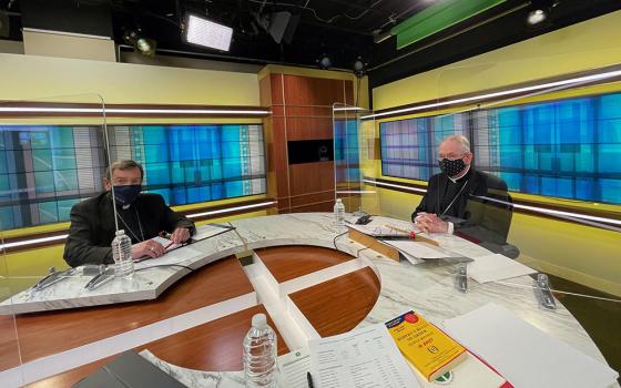 Detroit Archbishop Allen Vigneron, vice president of the U.S. Conference of Catholic Bishops, and Los Angeles Archbishop José Gomez, conference president, are pictured in the studio at conference headquarters in Washington Nov. 16, 2020. (CNS)