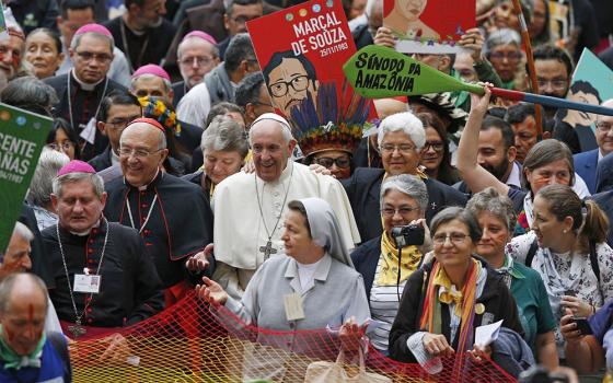 Pope Francis walks in a procession at the start of the first session of the Synod of Bishops for the Amazon at the Vatican Oct. 7, 2019. (CNS/Paul Haring)