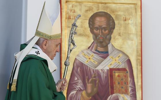 Pope Francis passes an image of St. Nicholas after celebrating Mass in Bari, Italy, Feb. 23, 2020. (CNS photo/Paul Haring) 