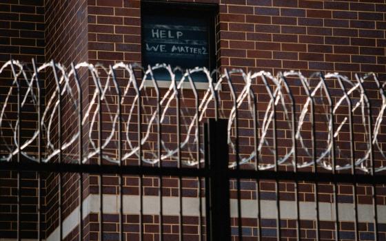 Signs made by Cook County Jail prisoners in Chicago plead for help April 7 during the coronavirus pandemic. (CNS/Reuters/Jim Vondruska)