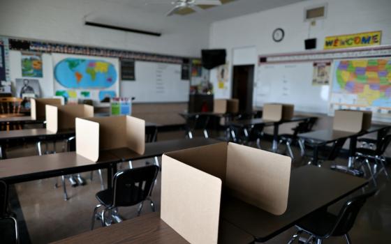 Social-distancing dividers for students at St. Benedict School in Montebello, California, are seen July 14. (CNS/Reuters/Lucy Nicholson)