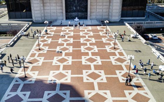 Drone footage shows the plaza of San Francisco's Cathedral of St. Mary of the Assumption with five Masses being celebrated simultaneously Aug. 15. (CNS/Archdiocese of San Francisco/Dennis Callahan)