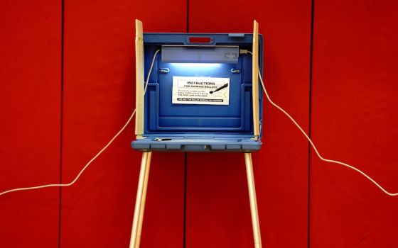 A voting booth is at a polling station inside Knapp Elementary School in Racine, Wis., on Election Day Nov. 3, 2020. (CNS/Bing Guan, Reuters)