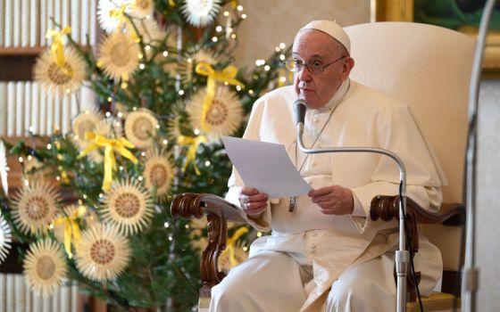 Pope Francis leads his general audience in the library of the Apostolic Palace at the Vatican Dec. 16. (CNS/Vatican Media)