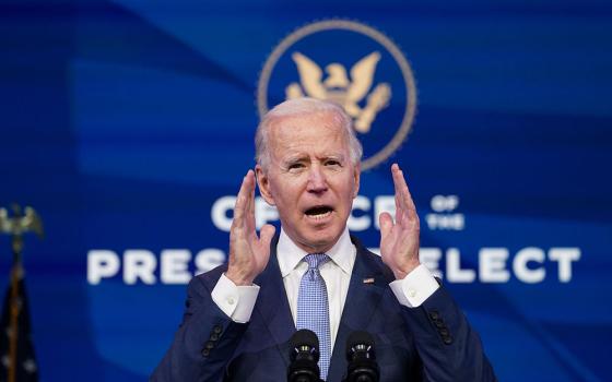 President-elect Joe Biden, speaking at a news conference at his transition headquarters in Wilmington, Delaware, Jan. 6, 2021, addresses the protests taking place in and around the U.S. Capitol in Washington as the Congress held a joint session to certify