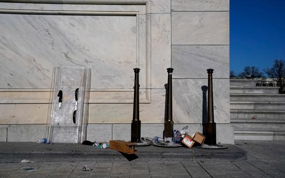 Riot shields lean on a U.S. Capitol wall Jan. 7 in Washington, one day after supporters of President Donald Trump breached the U.S. Capitol. (CNS/Erin Scott, Reuters)