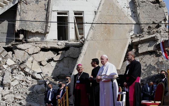 Pope Francis participates in a memorial prayer for the victims of the war at Hosh al-Bieaa (church square) in Mosul, Iraq, March 7. (CNS/Paul Haring)