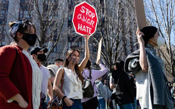 People in New York City are seen during a Rally Against Hate March 21 to protest discrimination and violence against Asian Americans and Pacific Islanders. (CNS/Reuters/Eric Lee)