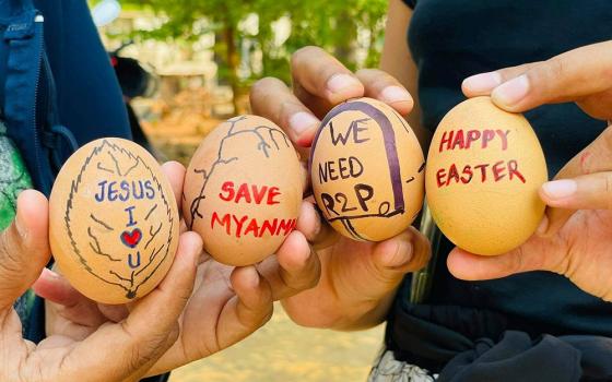 Easter eggs painted with slogans from the protests against the military coup are displayed in Mandalay, Myanmar, April 3. (CNS/Social media via Reuters)