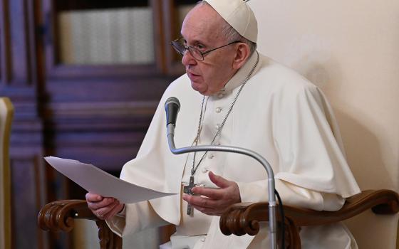 Pope Francis leads his general audience in the library of the Apostolic Palace at the Vatican April 28. (CNS/Vatican Media)