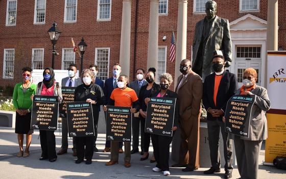 Legislators, community activists, and BRIDGE Maryland, Inc. leaders gather on Lawyers Mall in Annapolis, Maryland, April 8, for a news conference to encourage the Senate to pass the Juvenile Interrogation Protection Act. The Catholic Campaign for Human De