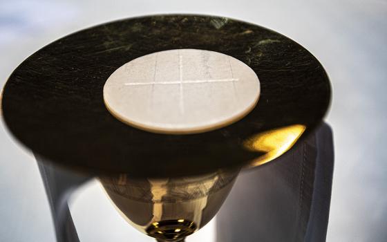 The Eucharist rests on a paten on an altar in a cathedral. (CNS/Chaz Muth)