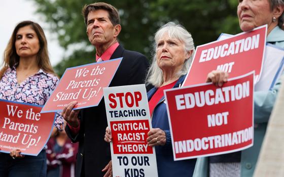 Opponents of "critical race theory" protest June 22 outside of the Loudoun County School Board headquarters in Ashburn, Virginia. (CNS/Reuters/Evelyn Hockstein)