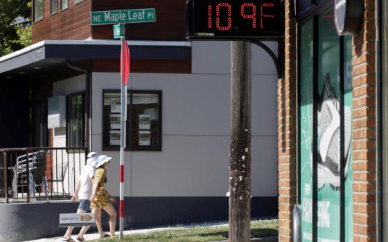 A digital sign in Seattle shows a temperature reading of 109 degrees Fahrenheit June 28, 2021. (CNS photo/Jason Redmond, Reuters)