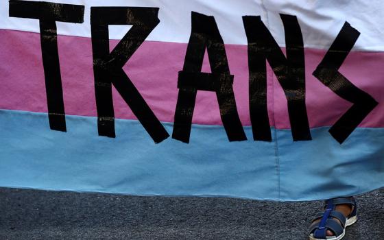 Pete, 9, a transgender minor, holds a banner as he takes part in a protest to mark LGBT Pride Day in Madrid, June 28. (CNS/Reuters/Sergio Perez)