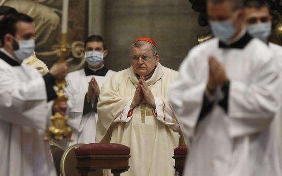 U.S. Cardinal Raymond Burke, pictured in an Oct. 1, 2020, photo in Rome, says he has tested positive for COVID-19. (CNS/Paul Haring)