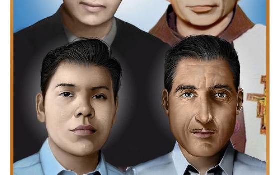 Here is the official portrait of four Salvadorans set for beatification in El Salvador Jan. 22, 2022. Top row: Jesuit Fr. Rutilio Grande and Franciscan Fr. Cosme Spessotto. Bottom row: Nelson Lemus and Manuel Solórzano. (CNS illustration)