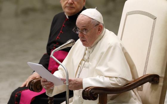 Pope Francis leads his general audience in the Paul VI hall at the Vatican Aug. 25. (CNS/Paul Haring)