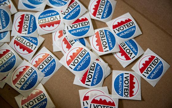 "I Voted" stickers are seen at an early voting site in Arlington, Va., Sept. 18, 2020. (CNS photo/Al Drago, Reuters)