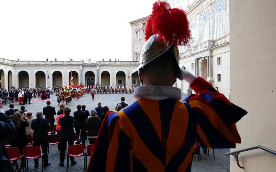 Swiss Guards attend their swearing-in ceremony at the Vatican May 6, 2021. A new barracks, designed by a Switzerland-based architectural firm, will have more modern living quarters with spacious meeting areas. (CNS photo/Remo Casilli, Reuters)