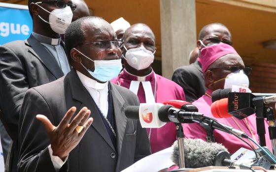 Archbishop Martin Kivuva of Mombasa, Kenya, speaks at a news conference Aug. 26, 2020, in Nairobi. (CNS/Fredrick Nzwili)