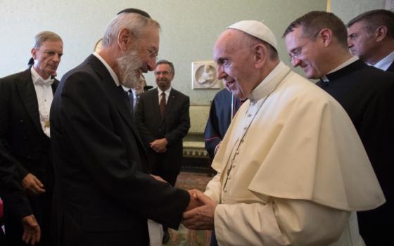 Pope Francis greets Rabbi Riccardo Di Segni, chief rabbi of Rome, during a meeting with international Jewish leaders Aug. 31, 2017, at the Vatican. (CNS/L'Osservatore Romano)