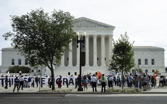 Pro-life advocates and supporters of legal abortion are seen near the U.S. Supreme Court building in Washington on Oct. 4. (CNS/Tyler Orsburn)