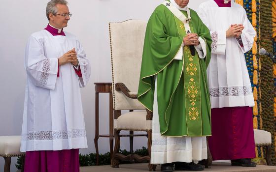 Pope Francis has named Msgr. Diego Giovanni Ravelli, left, as his new master of papal liturgical ceremonies, succeeding Bishop-designate Guido Marini, right, recently named bishop of Tortona, Italy. They are pictured in an undated photo. (CNS photo/Vatica