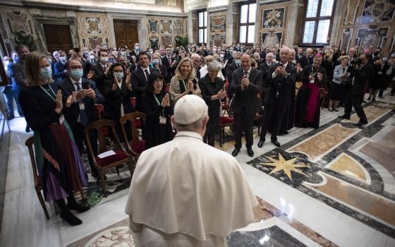 Pope Francis leads an audience with members of the Centesimus Annus Pro Pontifice Foundation at the Vatican Oct. 23, 2021. The organization promotes the social teaching of the Catholic Church, in particular the teaching in St. John Paul II’s Encyclical “C