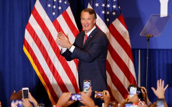 Republican Glenn Youngkin addresses the crowd celebrating his election in Chantilly, Virginia, early Nov. 3. He defeated Democrat Terry McAuliffe in the governor's race. (CNS/Reuters/Jonathan Ernst)