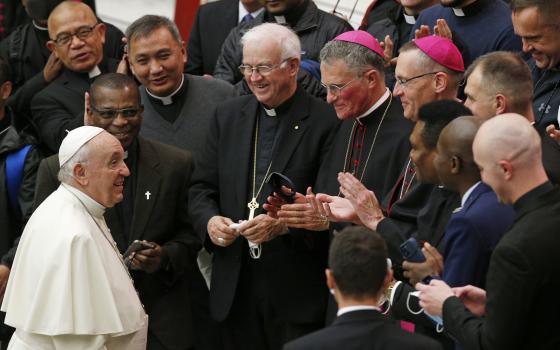 Pope Francis is pictured with U.S. military chaplains during his general audience in the Paul VI hall at the Vatican Nov. 3, 2021. (CNS photo/Paul Haring)