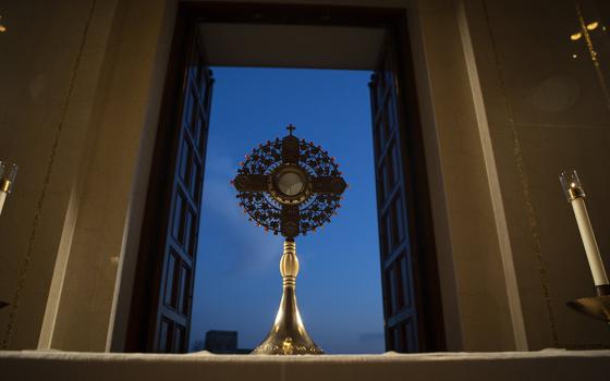 A monstrance holding the Blessed Sacrament for eucharistic adoration is seen at the Basilica of the National Shrine of the Immaculate Conception March 11 in Washington. (CNS/Tyler Orsburn)