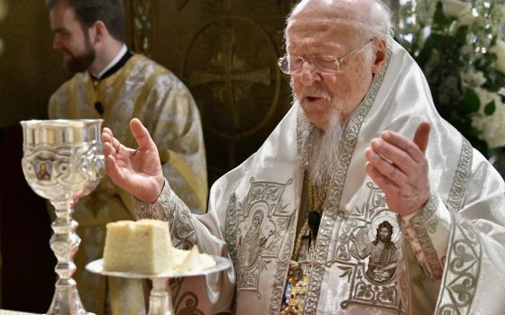 Ecumenical Patriarch Bartholomew of Constantinople celebrates the Patriarch Divine Liturgy at the Archdiocesan Cathedral of the Holy Trinity in New York City Oct. 31, 2021. (CNS photo/D. Panagos, courtesy Greek Orthodox Archdiocese)