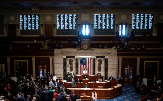 U.S. Speaker of the House Nancy Pelosi, D-Calif., presides over the House floor on Capitol Hill in Washington Nov. 19, 2021, as the Build Back Better Act passes and moves on to the Senate. (CNS photo/Al Drago, Reuters)