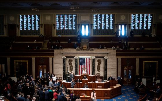 U.S. Speaker of the House Nancy Pelosi, D-Calif., presides over the House floor on Capitol Hill in Washington Nov. 19, 2021, as the Build Back Better Act passes and moves on to the Senate. (CNS photo/Al Drago, Reuters)