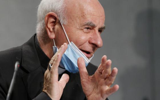 Archbishop Vincenzo Paglia, president of the Pontifical Academy for Life, speaks at a news conference at the Vatican Sept. 28, 2021. (CNS photo/Paul Haring)