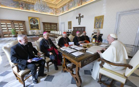 Pope Francis meets with leaders of the Latin American bishops' council, or CELAM, in the library of the Apostolic Palace at the Vatican Oct. 31. From the left: Fr. Pedro Manuel Brassesco; Archbishop Rogelio Cabrera López of Monterrey, Mexico; Cardinal Odilo Pedro Scherer of São Paulo; Archbishop Héctor Cabrejos Vidarte of Trujillo, Peru; Cardinal Leopoldo Brenes Solórzano of Managua, Nicaragua; and Archbishop Jorge Eduardo Lozano of San Juan de Cuyo, Argentina. (CNS/Vatican Media)