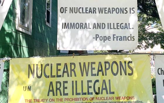 A house in Washington posts signs against nuclear weapons Sept. 27, 2021. (CNS/Tyler Orsburn)