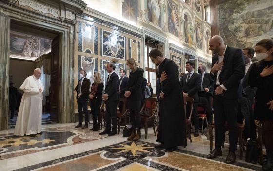 Pope Francis leads a meeting with a group of 90 business leaders from France at the Vatican Jan. 7, 2022. (CNS photo/Vatican Media)