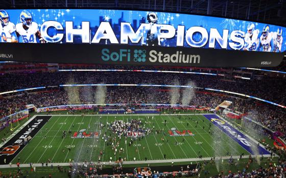 The Los Angeles Rams celebrate after beating the Cincinnati Bengals to win Super Bowl LVI at SoFi Stadium in Inglewood, Calif., Feb. 13, 2022. (CNS photo/Mario Anzuoni, Reuters)