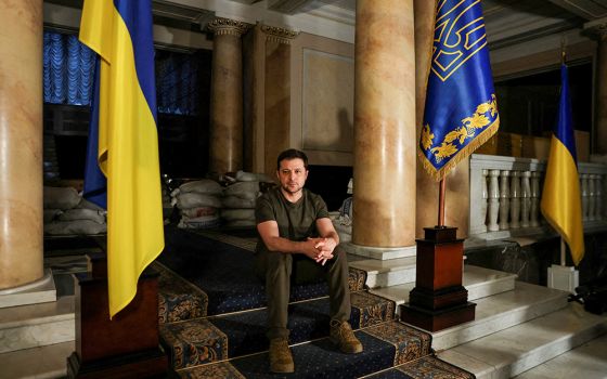 Ukrainian President Volodymyr Zelenskyy poses after an interview with Reuters March 1 in Kyiv, Ukraine (CNS/Reuters/Umit Bektas)